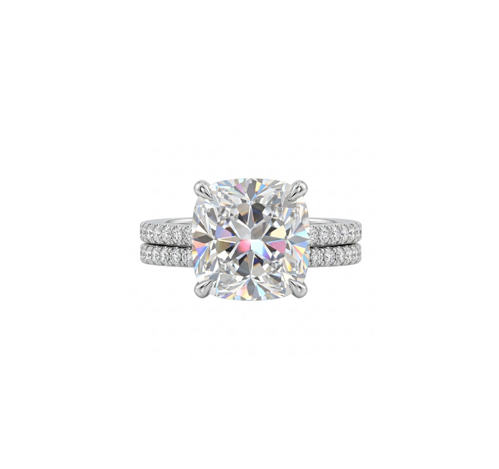 Cushion Lab-Grown Diamond Bridal Ring Set | 14K White Gold | Engagement Ring Set | Approx. 5.00 ct Center | Pavé Bands - Brownee Jewelers