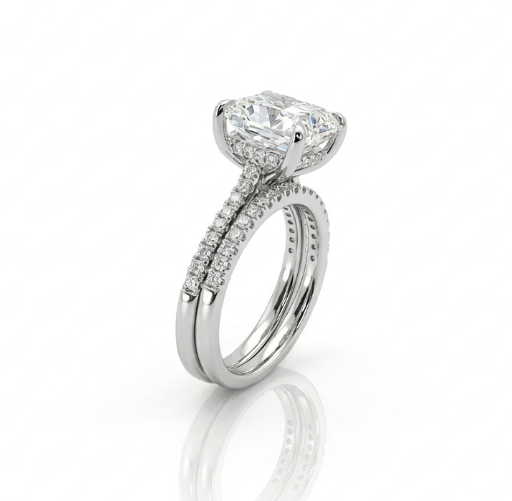 Cushion Lab-Grown Diamond Bridal Ring Set | 14K White Gold | Engagement Ring Set | Approx. 5.00 ct Center | Pavé Bands - Brownee Jewelers