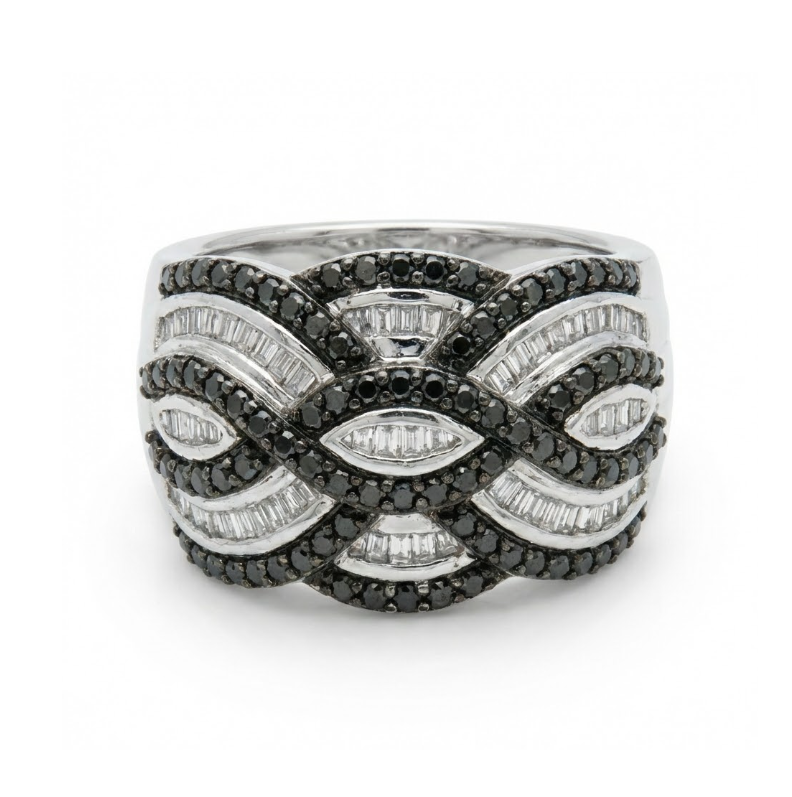 Black & White Diamond Ribbon Ring | 10K White Gold | Round & Baguette Infinity Design - Brownee Jewelers