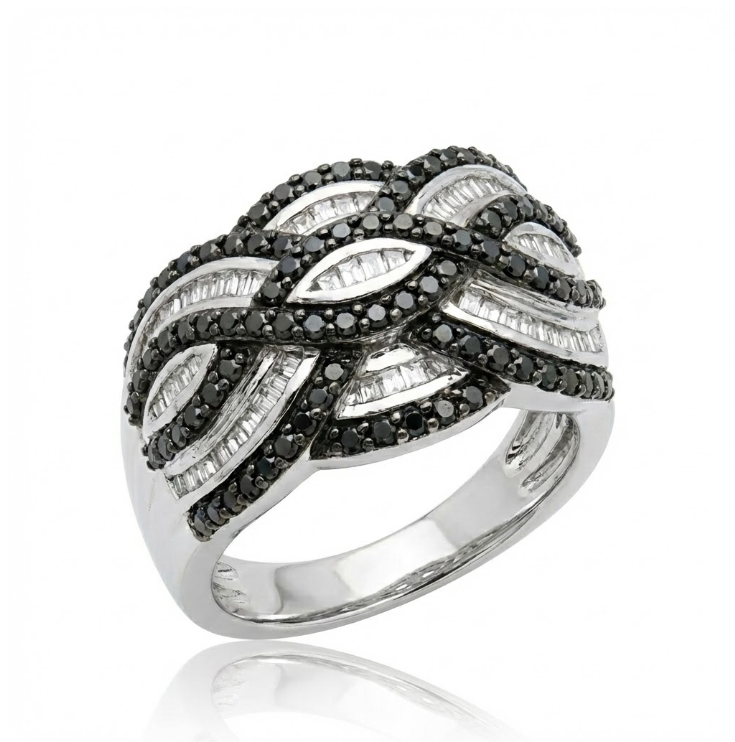 Black & White Diamond Ribbon Ring | 10K White Gold | Round & Baguette Infinity Design - Brownee Jewelers