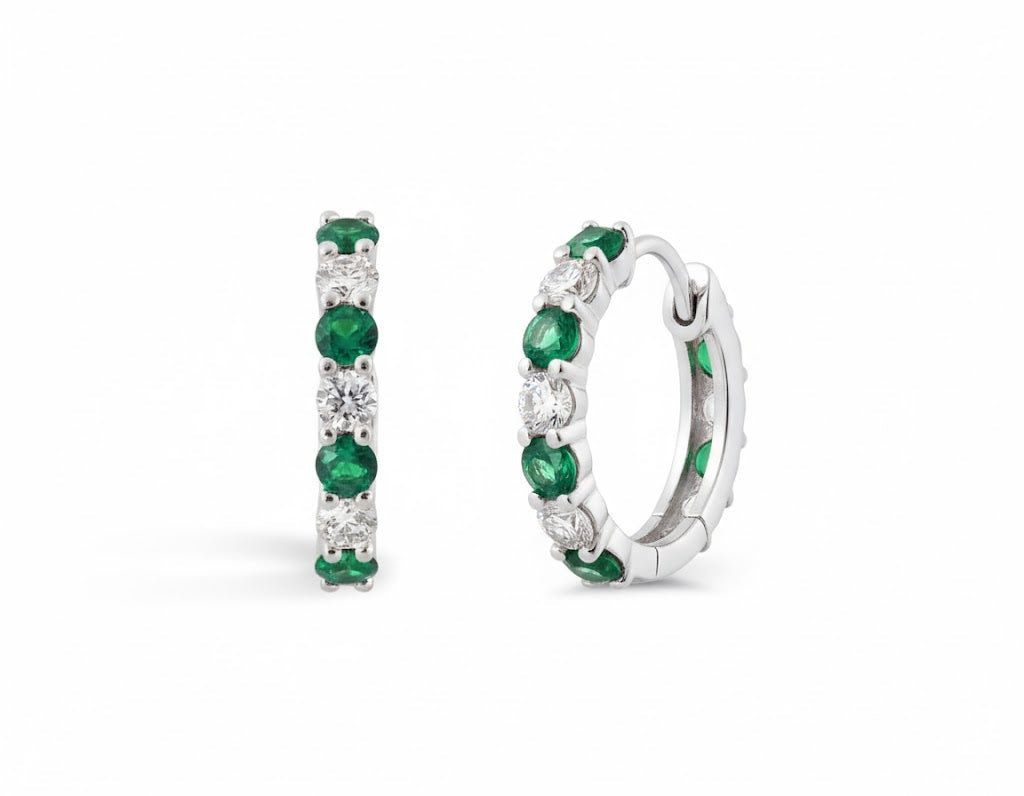14K White Gold .51ct Emerald & .39ct Diamond Huggie Earrings