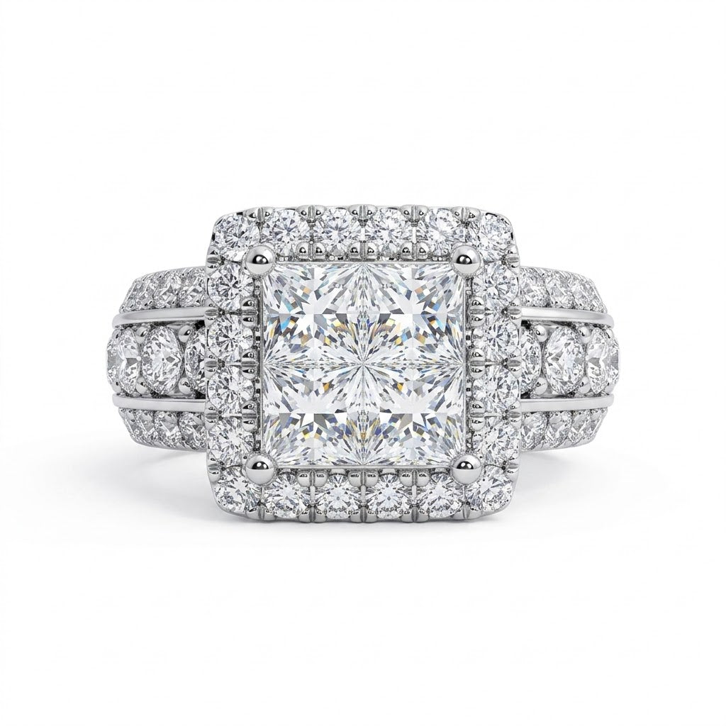Princess-Cut Diamond Halo Ring | 14K White Gold | Princess-Cut Diamond Cluster Center | Round Diamond Halo | Pavé Diamond Band - Brownee Jewelers