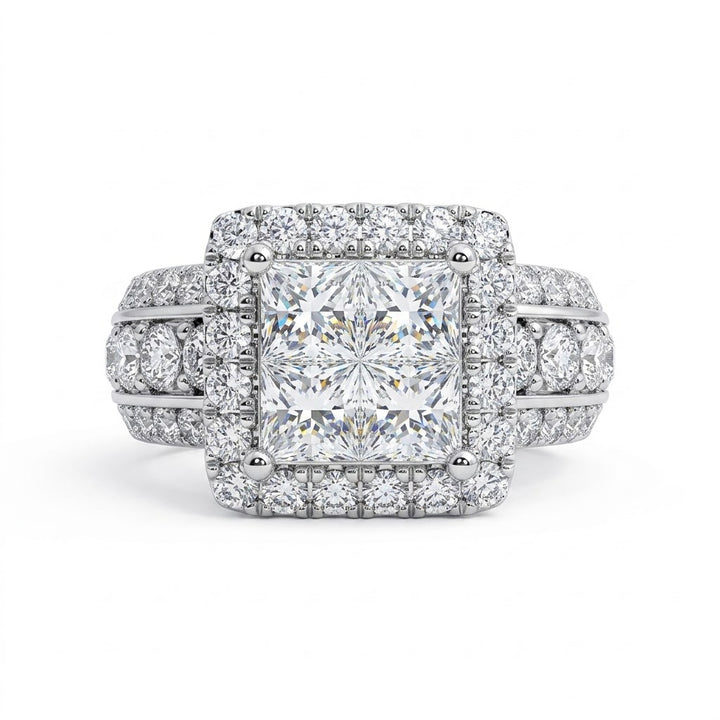Princess-Cut Diamond Halo Ring | 14K White Gold | Princess-Cut Diamond Cluster Center | Round Diamond Halo | Pavé Diamond Band - Brownee Jewelers