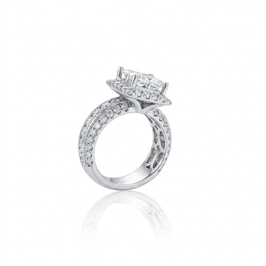 Princess-Cut Diamond Halo Ring | 14K White Gold | Princess-Cut Diamond Cluster Center | Round Diamond Halo | Pavé Diamond Band - Brownee Jewelers