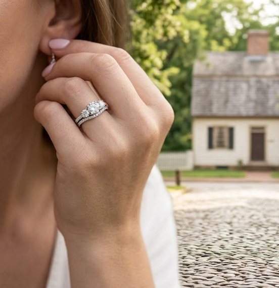 Three-Stone Diamond Bridal Set | 14K White Gold | Pavé Diamond Bands