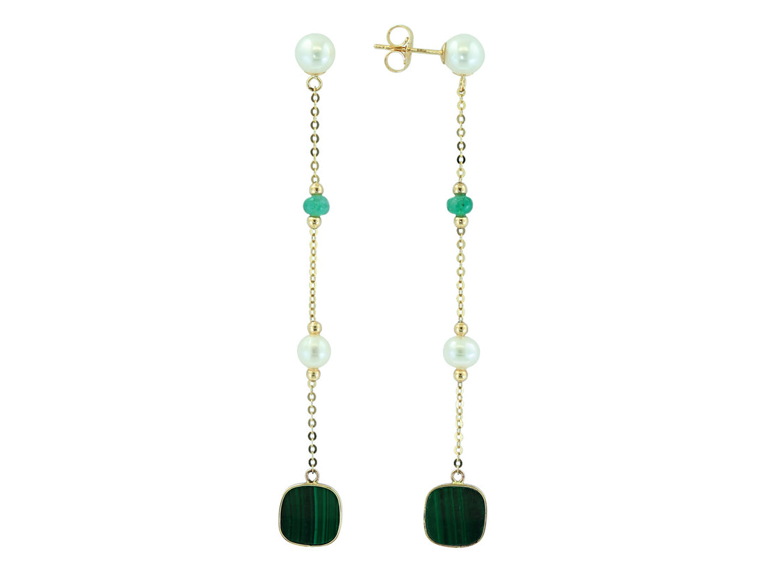 EFFY 14K Yellow Gold Emerald, Freshwater Pearl & Malachite Drop Earrings