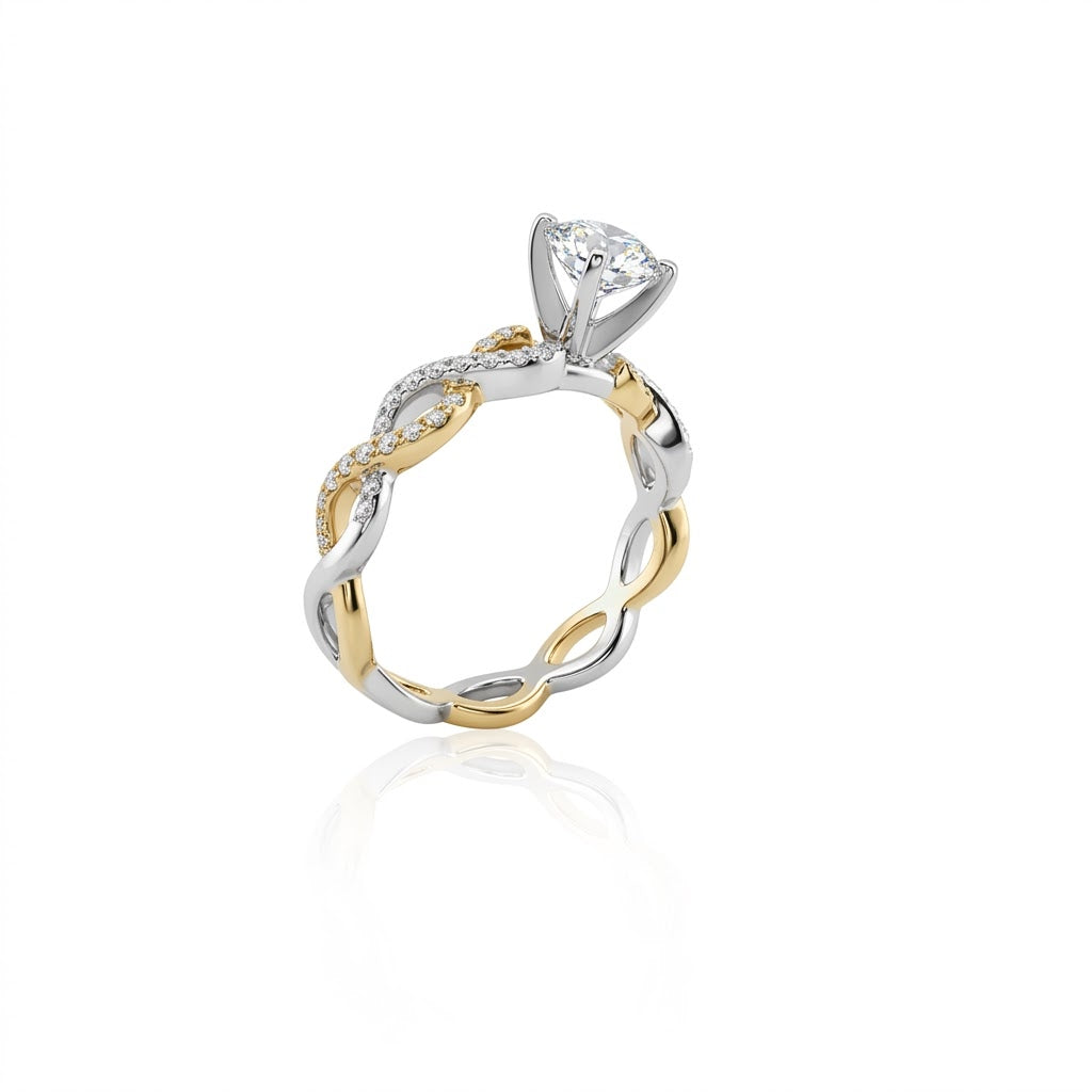 Round Diamond Engagement Ring | Two-Tone 14K Gold | Twisted Infinity Diamond Band | 0.80 CT Center Diamond - Brownee Jewelers