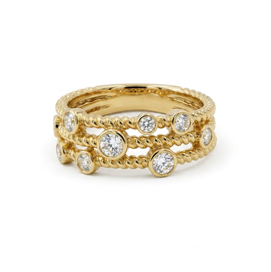Round Diamond Bezel Station Band | 14K Yellow Gold | Diamond Fashion Ring | Beaded Stackable Design - Brownee Jewelers