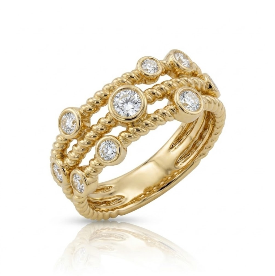 Round Diamond Bezel Station Band | 14K Yellow Gold | Diamond Fashion Ring | Beaded Stackable Design - Brownee Jewelers