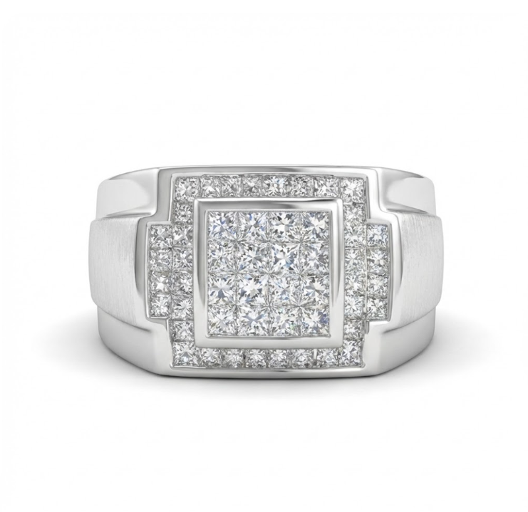 Diamond Signet Ring | 18K White Gold | Princess Cut Diamonds | Square Cluster Face | Size 10 (Resizable) - Brownee Jewelers
