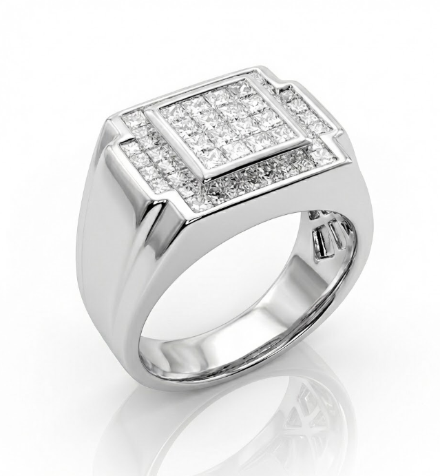 Diamond Signet Ring | 18K White Gold | Princess Cut Diamonds | Square Cluster Face | Size 10 (Resizable) - Brownee Jewelers