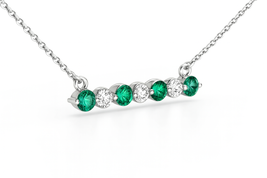 14KT White Gold Diamond & Emerald Bar Necklace – .66 CTW