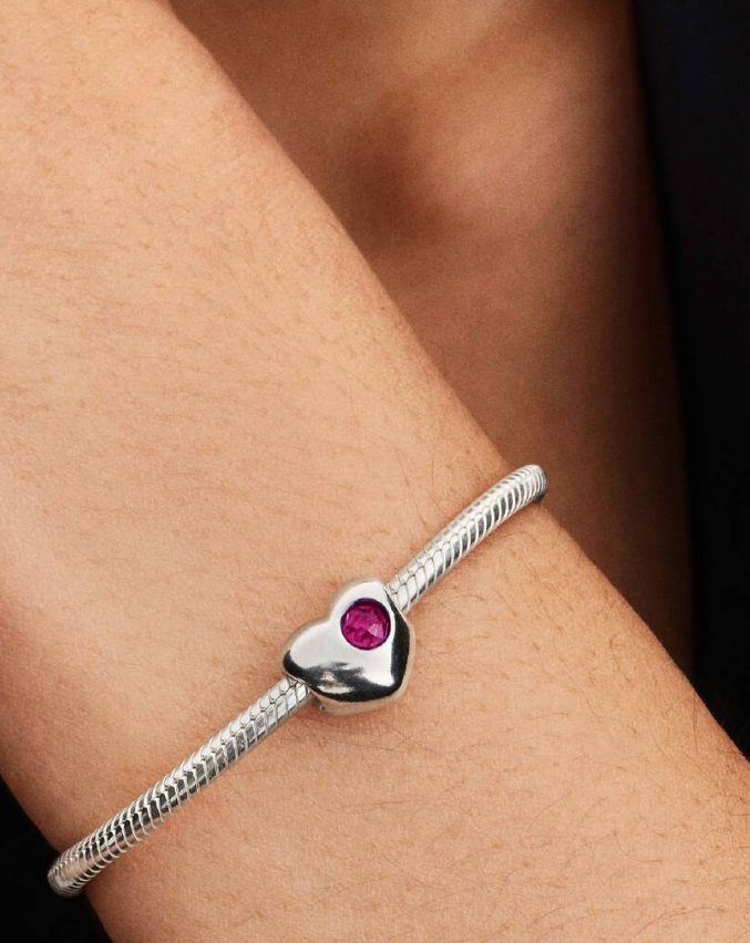 Pandora July Birthstone Heart Charm in Sterling Silver with a True Red Man-Made Crystal