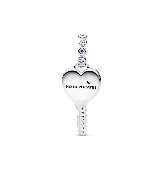Pandora Opalescent Heart Key Dangle Charm in Sterling Silver with "NO DUPLICATES" Engraving on the Back