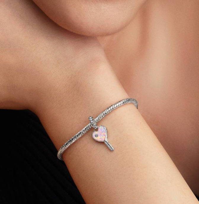 Pandora Opalescent Heart Key Dangle Charm in Sterling Silver with "NO DUPLICATES" Engraving on the Back