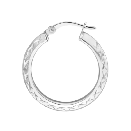 DIAMOND-CUT KNIFE EDGE HOOP EARRINGS IN RHODIUM PLATED STERLING SILVER