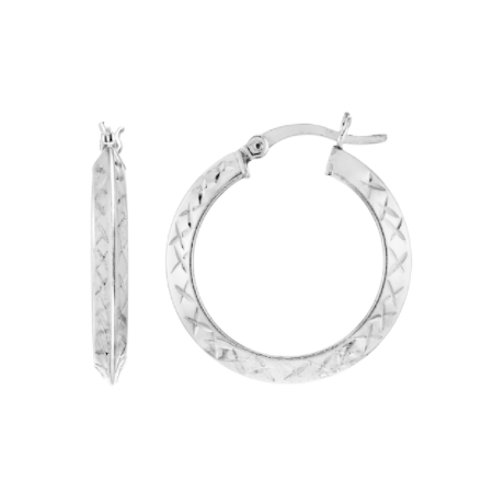 DIAMOND-CUT KNIFE EDGE HOOP EARRINGS IN RHODIUM PLATED STERLING SILVER