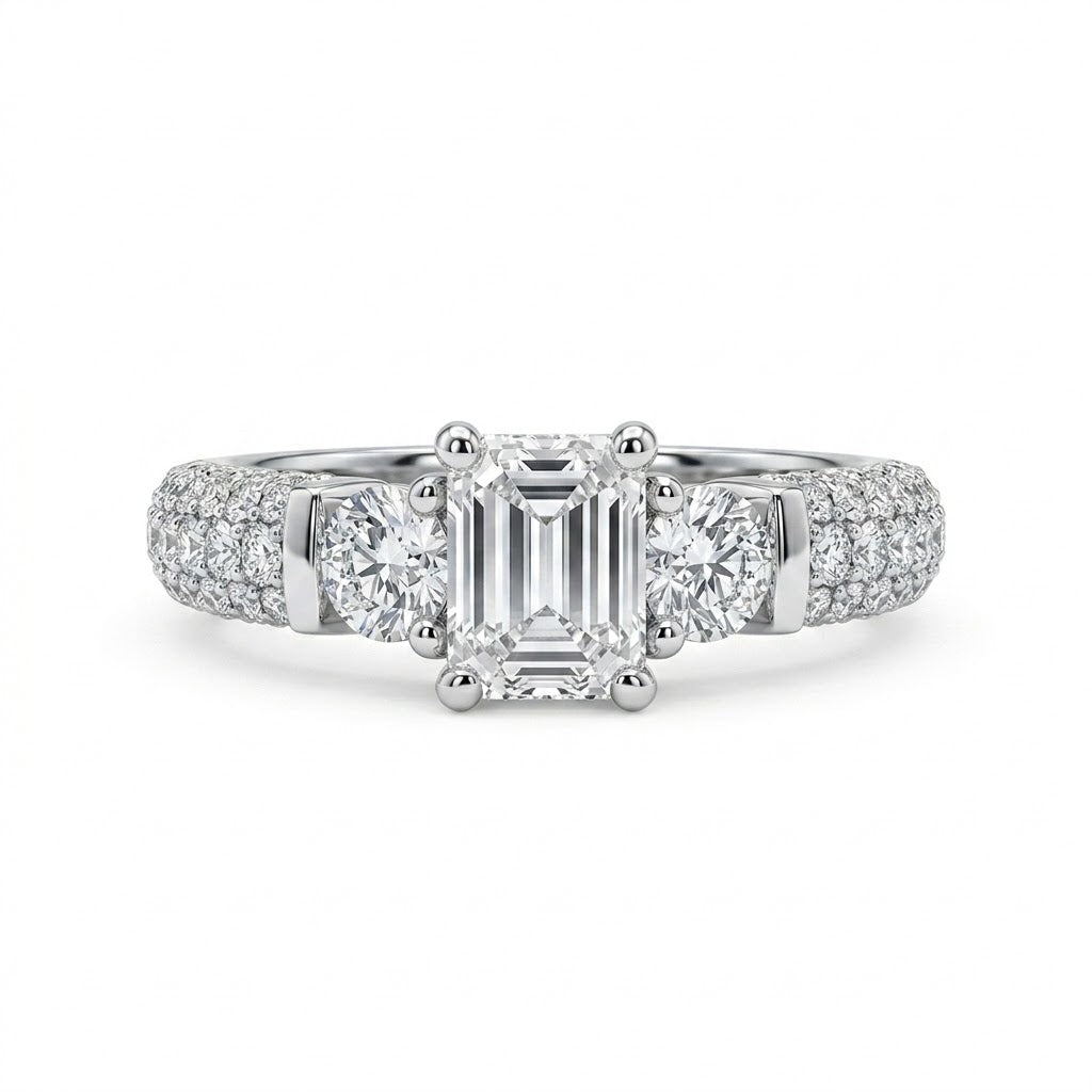 14K White Gold 0.60 CT Emerald-Cut Diamond Ring with Round Accents