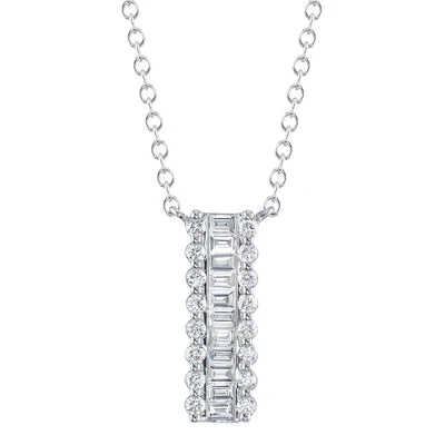ROUND AND BAGUETTE DIAMOND BAR NECKLACE IN 14K WHITE GOLD