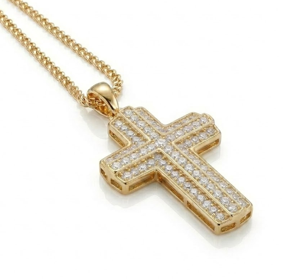 Diamond Pavé Layered Cross Pendant | 10K Yellow Gold | Round Brilliant Diamonds | Religious Jewelry Pendant - Brownee Jewelers