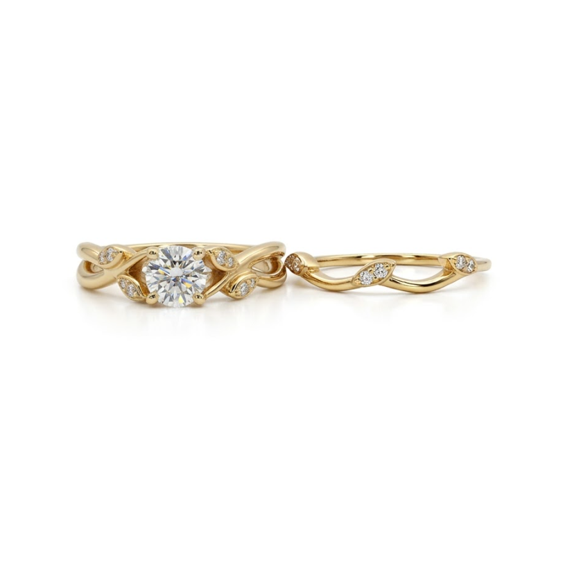 Round Diamond Nature Inspired Bridal Set | 14K Yellow Gold | Approx. 0.50 CT Round Diamond | Nature-Inspired Diamond Accents - Brownee Jewelers