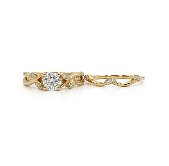 Round Diamond Nature Inspired Bridal Set | 14K Yellow Gold | Approx. 0.50 CT Round Diamond | Nature-Inspired Diamond Accents - Brownee Jewelers