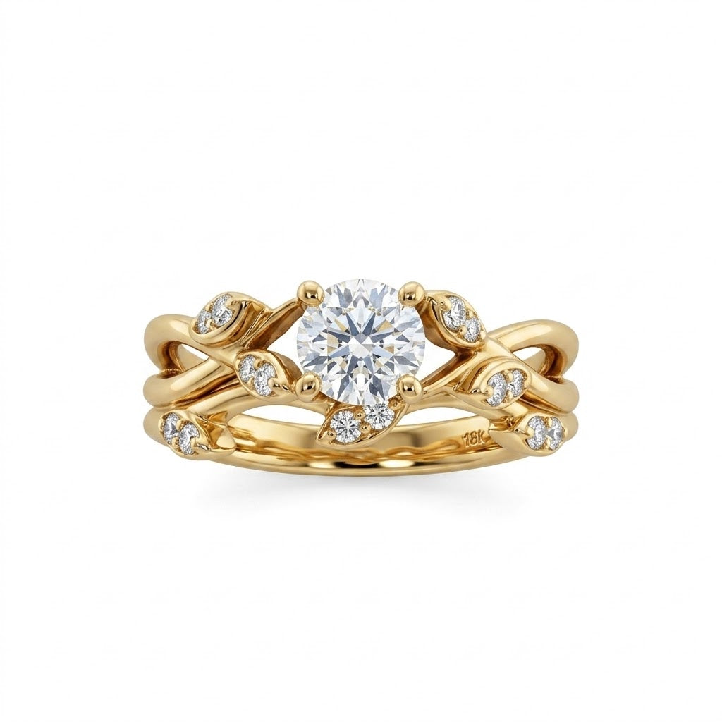 Round Diamond Nature Inspired Bridal Set | 14K Yellow Gold | Approx. 0.50 CT Round Diamond | Nature-Inspired Diamond Accents - Brownee Jewelers