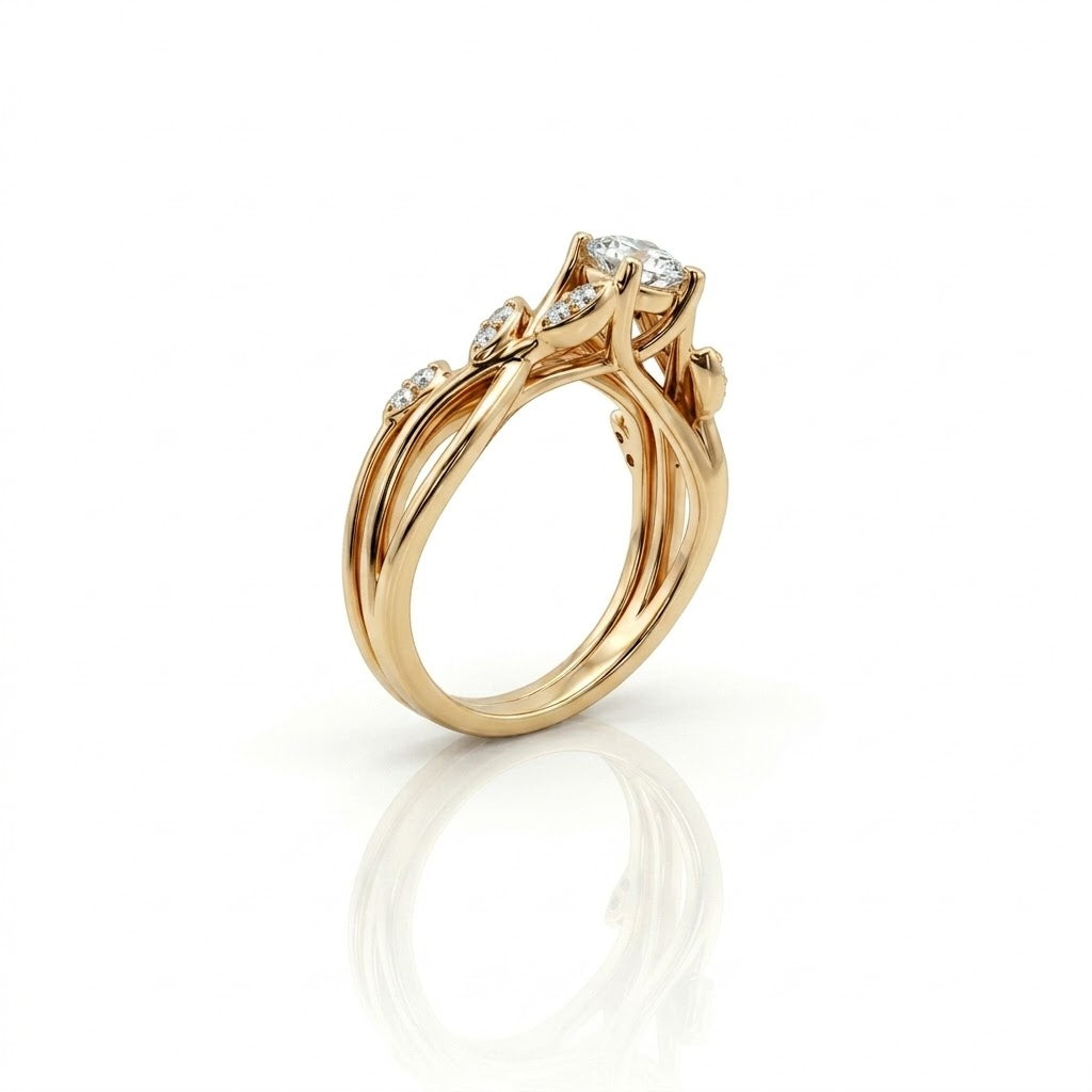 Round Diamond Nature Inspired Bridal Set | 14K Yellow Gold | Approx. 0.50 CT Round Diamond | Nature-Inspired Diamond Accents - Brownee Jewelers