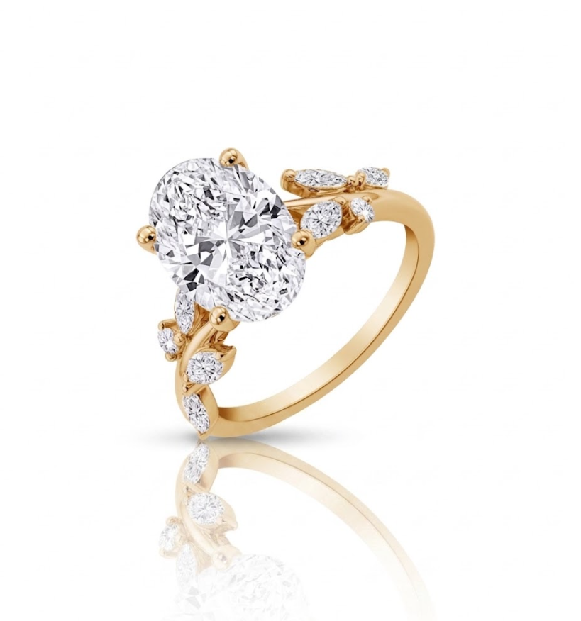 1 Carat Oval Lab-Grown Diamond Engagement Ring in 10K Yellow Gold with 1.25 Total Carat Weight Round and Marquise Diamond Accents
