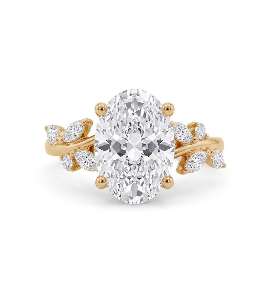 1 Carat Oval Lab-Grown Diamond Engagement Ring in 10K Yellow Gold with 1.25 Total Carat Weight Round and Marquise Diamond Accents