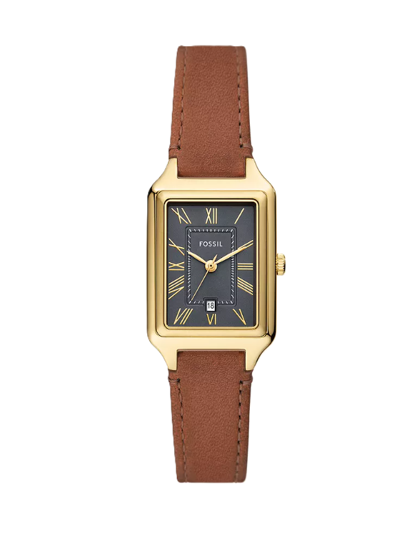 Raquel Three-Hand Date Watch | Fossil | Gold-Tone Stainless Steel | Brown Leather Strap | Rectangular Case - Brownee Jewelers