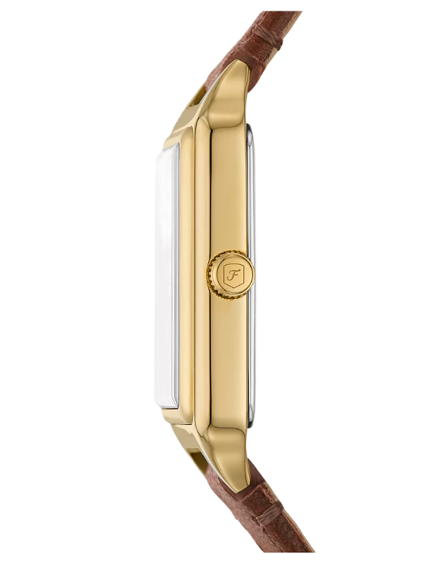 Raquel Three-Hand Date Watch | Fossil | Gold-Tone Stainless Steel | Brown Leather Strap | Rectangular Case - Brownee Jewelers