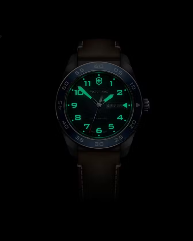 VictorInox Swiss Army Watch with a Stainless Steel Blue Dial, Brown Leather Strap, and 42mm Case