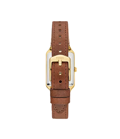 Raquel Three-Hand Date Watch | Fossil | Gold-Tone Stainless Steel | Brown Leather Strap | Rectangular Case - Brownee Jewelers