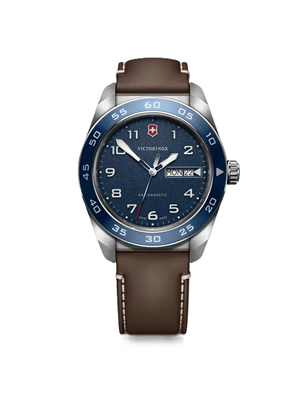 VictorInox Swiss Army Watch with a Stainless Steel Blue Dial, Brown Leather Strap, and 42mm Case