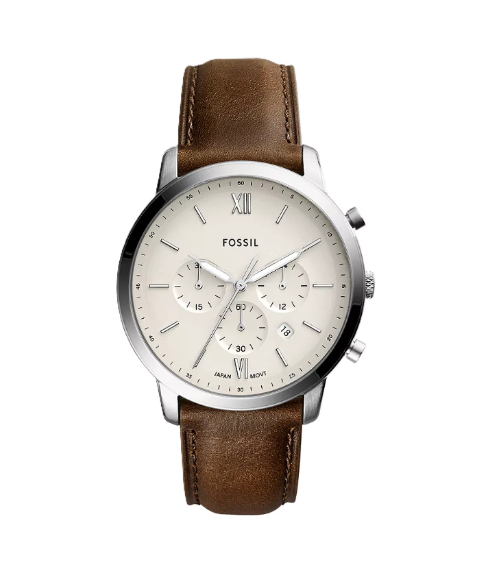 Neutra Chronograph Watch | Fossil | Stainless Steel | Cream Dial | Brown Leather Strap - Brownee Jewelers