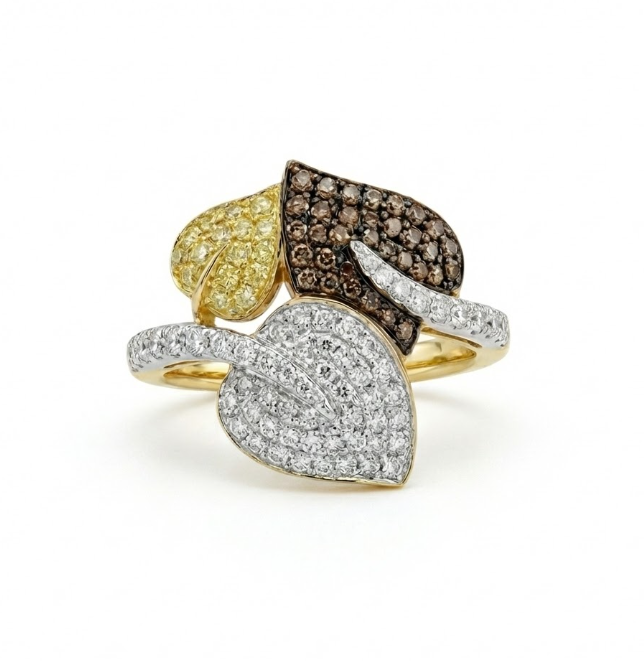 Three-Leaf Diamond Ring | 1.20 ctw | 14K Yellow Gold | Pavé Diamond Statement Ring - Brownee Jewelers