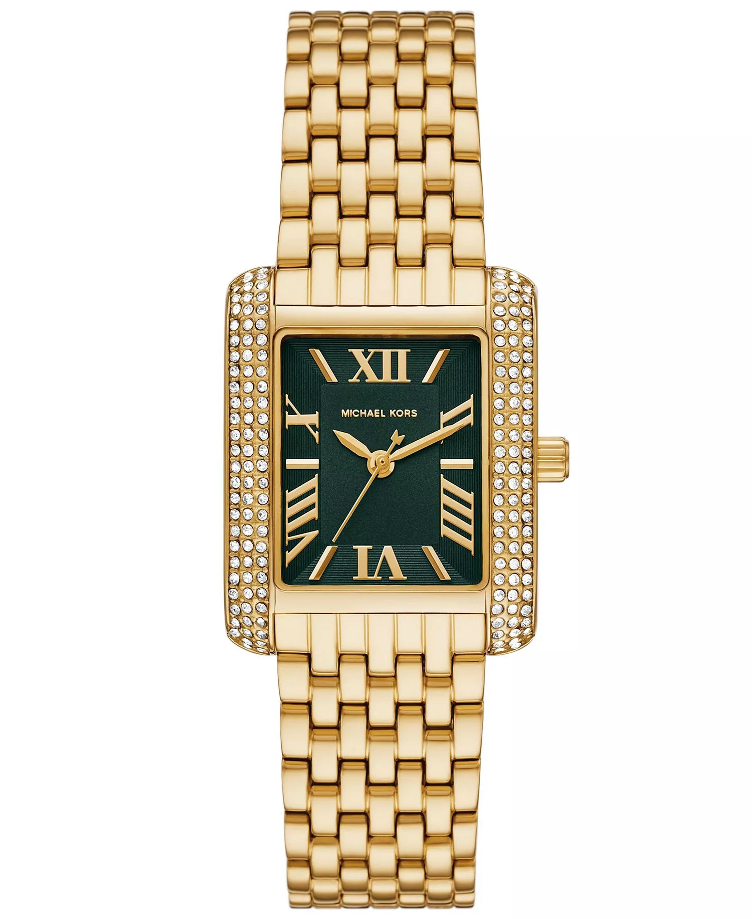 Emery Three-Hand Watch | Michael Kors | Gold-Tone Stainless Steel | 33mm x 27mm Rectangular Case | Green Dial Crystal Accents - Brownee Jewelers
