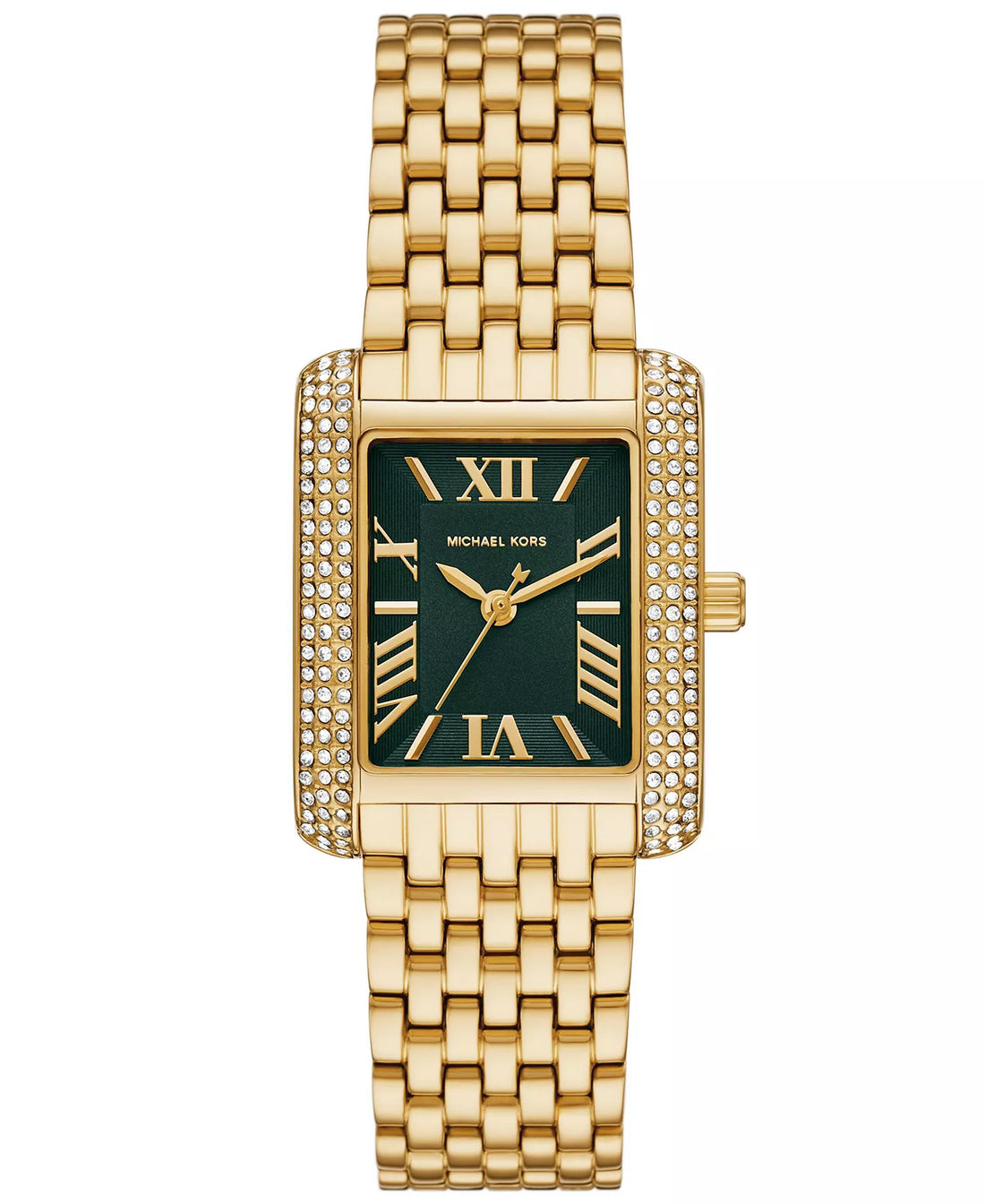 Emery Three-Hand Watch | Michael Kors | Gold-Tone Stainless Steel | 33mm x 27mm Rectangular Case | Green Dial Crystal Accents - Brownee Jewelers