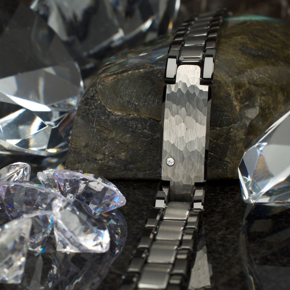 Genuine Lab-Grown Diamond on Black IP Tungsten Carbide Hammered ID Sizeable Link Bracelet