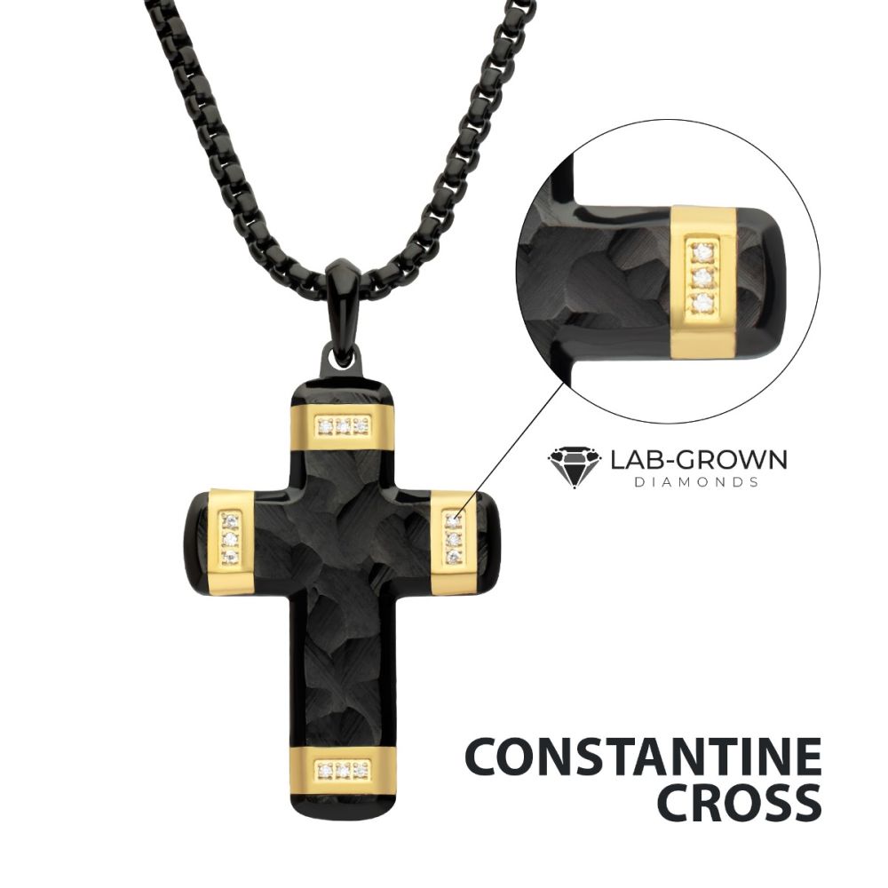 Matte Finish Black IP Carved Steel Small Cross Pendant with 18Kt Gold IP accents & Lab-Grown Diamonds