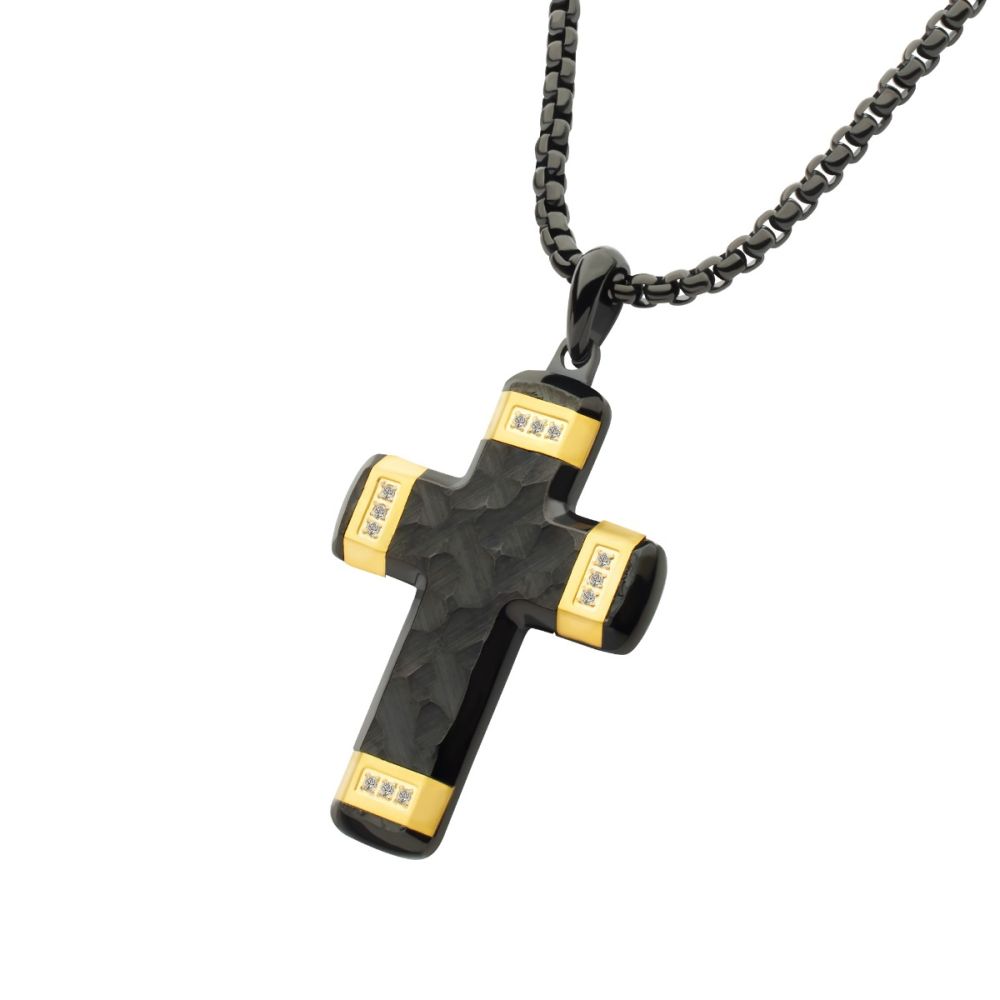 Matte Finish Black IP Carved Steel Small Cross Pendant with 18Kt Gold IP accents & Lab-Grown Diamonds
