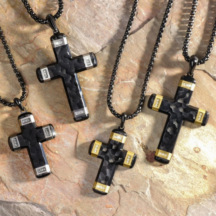 Matte Finish Black IP Carved Steel Small Cross Pendant with 18Kt Gold IP accents & Lab-Grown Diamonds - Brownee Jewelers