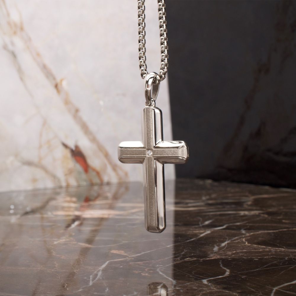 Stainless Steel Lab-Grown Diamond Brushed Finish Cross Pendant