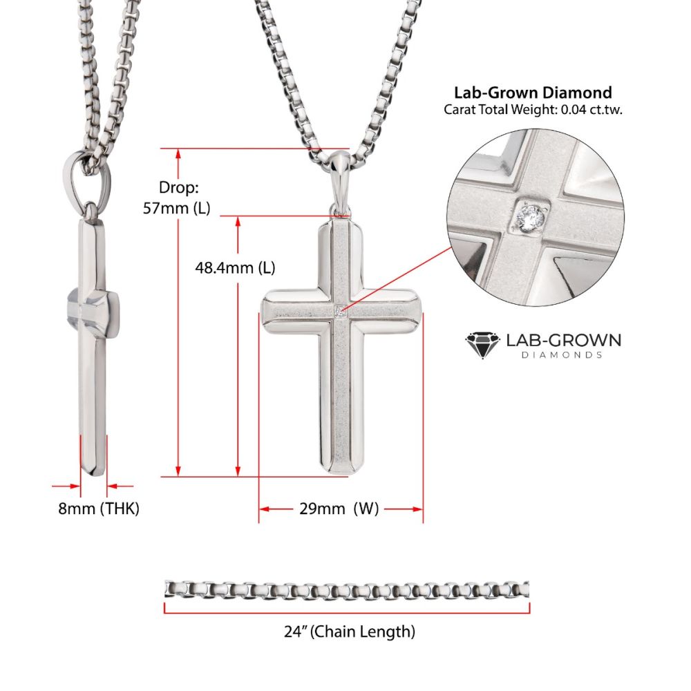 Stainless Steel Lab-Grown Diamond Brushed Finish Cross Pendant