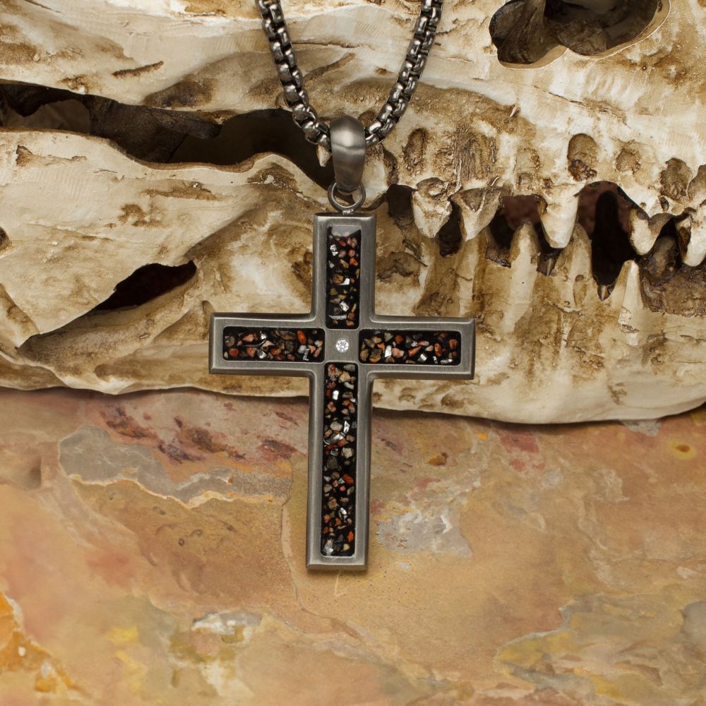 Gun Metal IP Steel Matte Finish Black Dinosaur Bone Inlay with Lab-Grown Diamond Cross Pendant