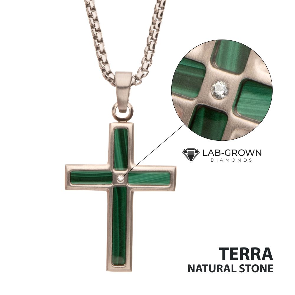 Matte Finish Stainless Steel Malachite Stone Inlay with Lab-Grown Diamond Cross Pendant