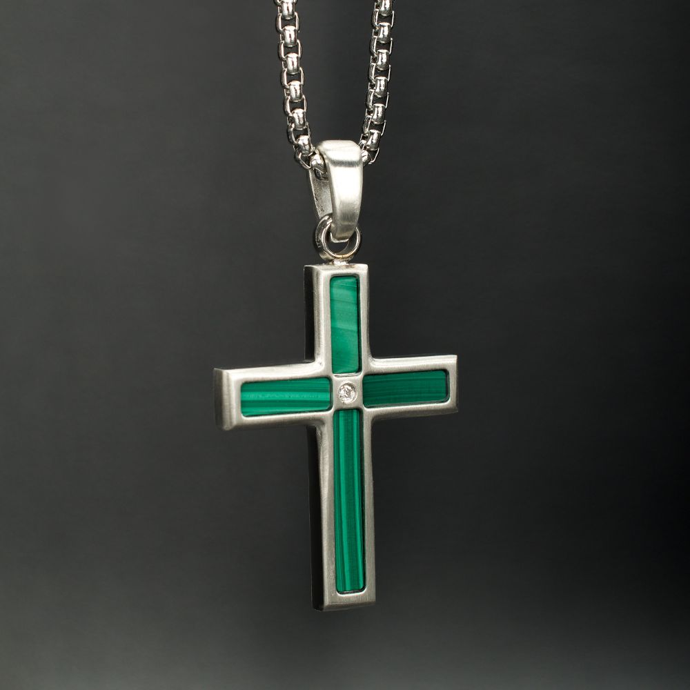 Matte Finish Stainless Steel Malachite Stone Inlay with Lab-Grown Diamond Cross Pendant