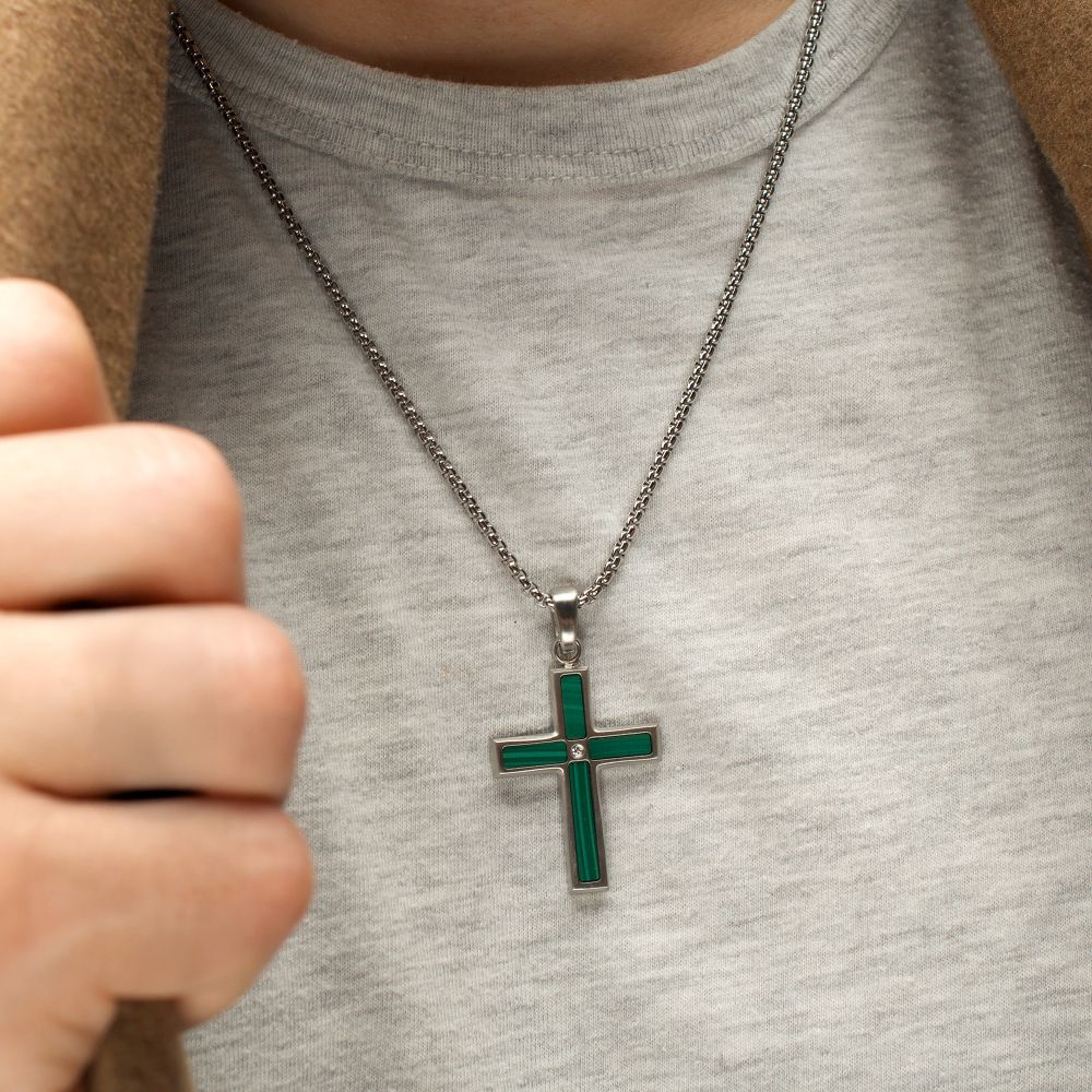 Matte Finish Stainless Steel Malachite Stone Inlay with Lab-Grown Diamond Cross Pendant