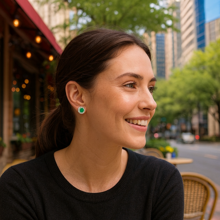 14K White Gold .70ct Emerald & .15ct Diamond Halo Stud Earrings